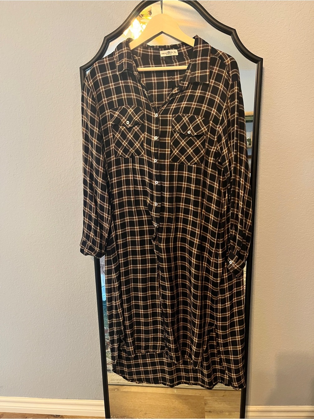 NATURAL LIFE Black and Tan Plaid Midi Shirt Dress